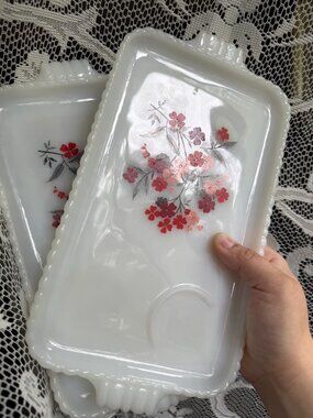 Set of 2 Primrose Snack Plates c1960s Fire King Anchor Hocking Milk Glass Trays